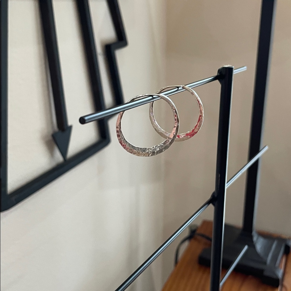 Crescent Moon Sterling Silver Hammered Hoop Earrings-highly polished - Picture 3 of 5
